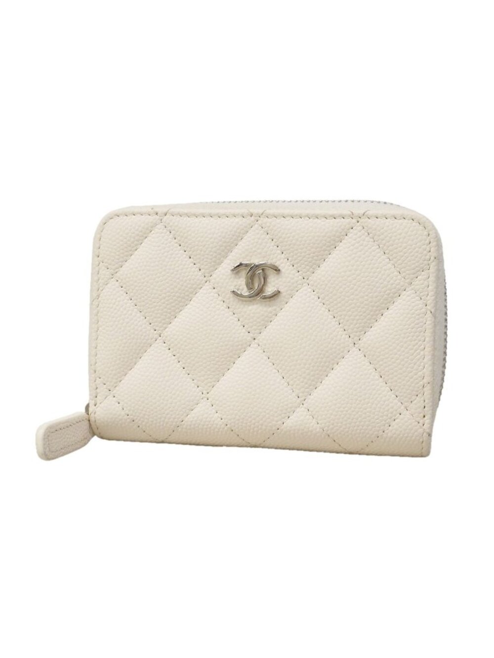 Chanel Coin Purse Quilted Caviar Leather White Silver